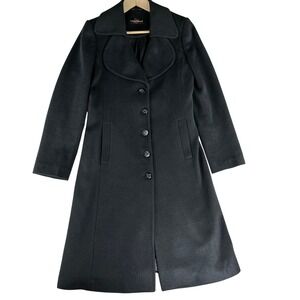 Louis Feraud Wool Blend Long Coat Women 36 Black Button Front Classic Overcoat